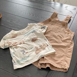 Adorable Jungle Animals Print Tee and Tan Overalls Set